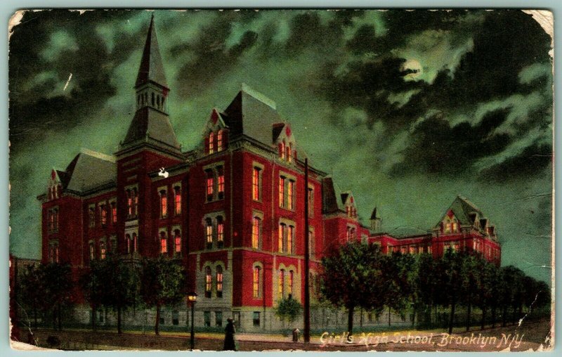Night View Girls High School Brooklyn New York NY NYC 1908 DB Postcard I1 United States New