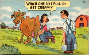 Postcard Comic Woman milking cow - Which one do I pull to get cream?