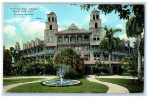 1927 Myrtle Bank Hotel Fountain View Greetings from Kingston Jamaica Postcard