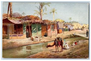 c1910's Egypt, Camel River Houses Egyptian Traditional Dress Antique Postcard