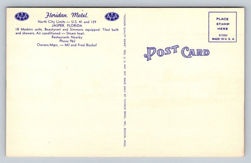 Floridian Motel   Jasper  Florida  Postcard