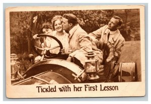 Vintage 1900's Photo Postcard Woman Getting Her First Driving Lesson -3 Men Help