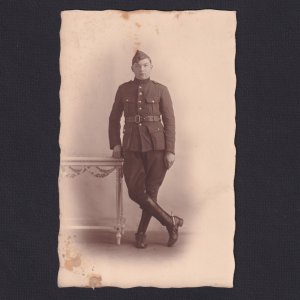 Real photo postcard, RPPC, WWI, soldier near the table, Uniform