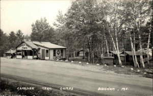 Bingham ME Maine Canadian Trail Camps Gas Station Roadside RPPC Postcard