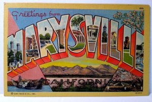 Greetings From Marysville California Large Letter Linen Postcard Curt Teich Boat