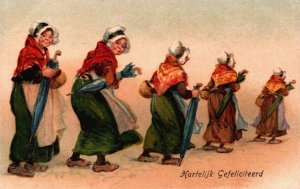 Happy Birthday Woman with Clogs and an Umbrella Walking Vintage Postcard C368