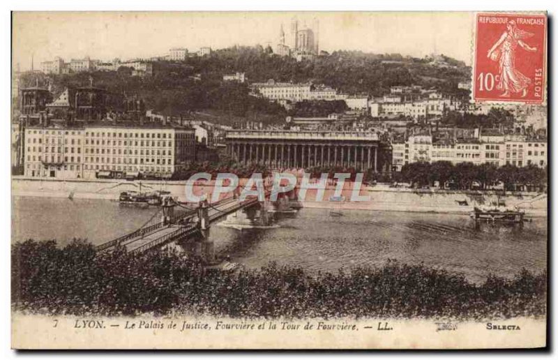 Old Postcard Lyon Courthouse and the tower of Fourviere