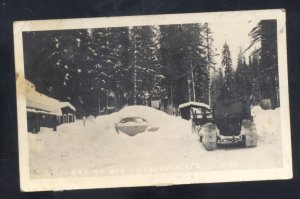 RPPC HEADQUARTERS IDAHO WINTER SNOW PLOW OLD CARS VINTAGE REAL PHOTO POSTCARD