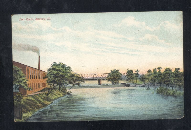 AURORA ILLINOIS FOX RIVER SCENE BRIDGE FACTORY VINTAGE POSTCARD