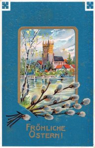 Easter Greetings Pussy Willow Passepartout Landscape Tower embossed postcard