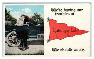 CHATEAUGAY LAKE, NY ~ Car Comic PENNANT  c1910s Franklin County Postcard