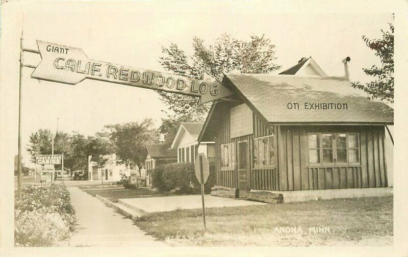 1940s Anoka Minnesota Tourist Cabins Redwood Log Display Neon Arrow Sign RPPC