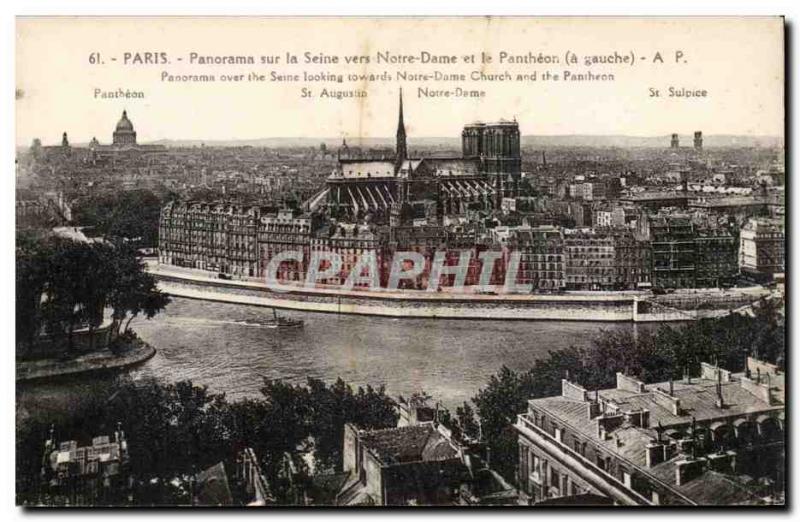 Postcard Old Paris Panorama of the Seine to Notre Dame and the Pantheon