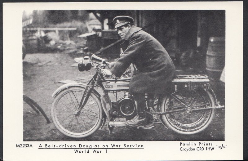 Motor Cycle Postcard - A Belt-Driven Douglas Bike on WW1 Service - Pamlin A2947