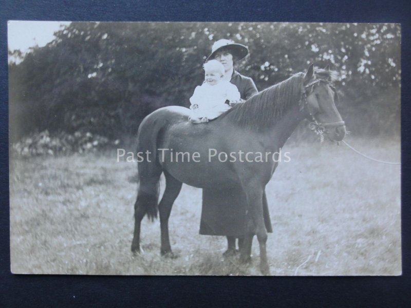 MOTHER WITH BABY SITTING ON HORSE BACK early 1916 RP Postcard