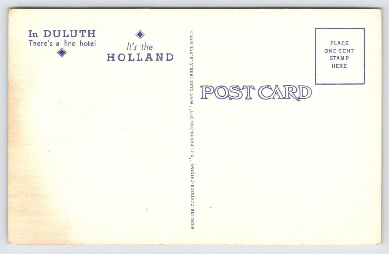 Linen Postcard Holland Hotel Fireproof, Duluth Minnesota, Automobiles,  P2