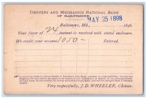 1898 Drovers and Mechanics National Bank Cashier Letter Baltimore MD Postcard 