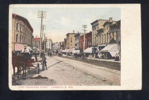 JANESVILLE WISCONSIN DOWNTOWN MILWAUKEE STREET SCENE 1905 VINTAGE POSTCARD