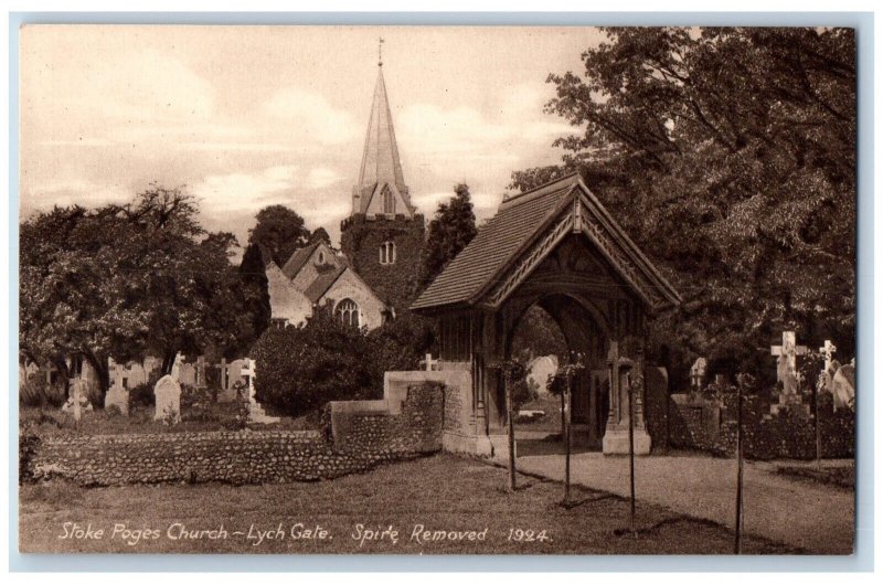 Stoke Poges Buckinghamshire England Postcard Church Lych Gate Spire Removed 1924