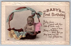 Baby's First Birthday In A Basket, 1925 Postcard, Valentine's Series 24-2