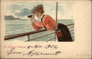 Beautiful Woman w/ Binoculars on Steamship DEL PIROSCAFO - A. Marzi PC