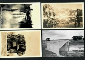 #127 RPPC Snow Lake,. Auto Giant Cedar Stump, Snoqualmie Falls, Hiway 100 Bridge