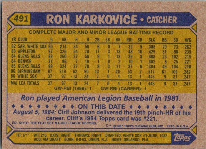 1987 Topps Baseball Card Ron Karkovice Chicago White Sox sk19001