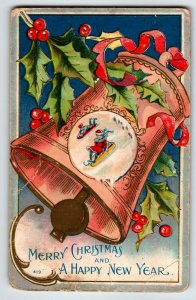 Christmas Postcard Bell Children On Sleds Happy New Year Embossed Greetings 1909