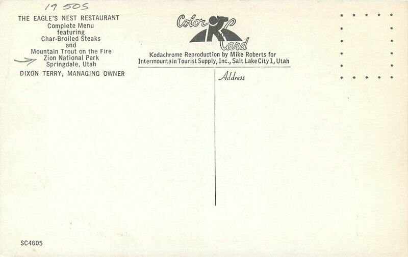 Utah Springdale Eagles Nest Restaurant 1950s Roberts SC4605 Postcard 22-3629