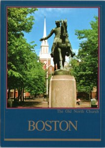 Postcard MA Boston Old North Church and Paul Revere statue