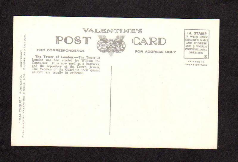 UK Tower of London England Great Britain Valentine Valesque Postcard