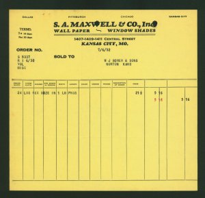 S. A. Maxwell & Company, Inc. Kansas City MO Vintage 7/6/32 Invoice Wall Paper