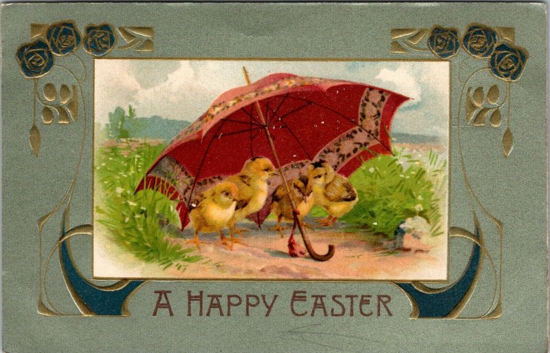 A Happy Easter - Postcard Adorable Chicks Umbrella Flowers and Eggs - PC