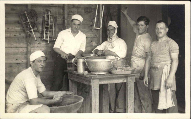 Men Work in Kitchen Cook Preparing Food Military? Real Photo Postcard CRISP