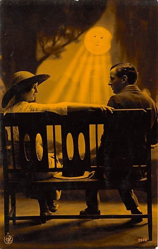 Moon Post Card Man and Woman Sitting on Bench in Moonlight Unused