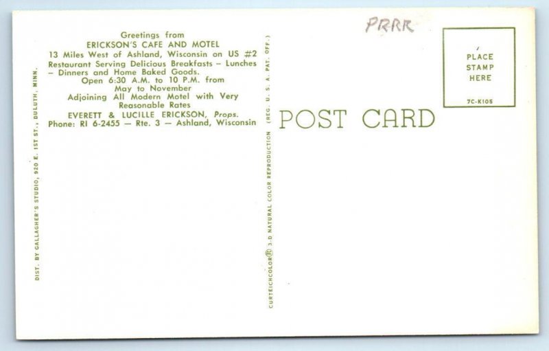 ASHLAND, WI ~ Roadside ERICKSON'S CAFE & MOTEL c1950s Postcard