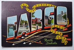 Greetings From Fargo North Dakota Large Big Letter Linen Postcard Kropp Unused