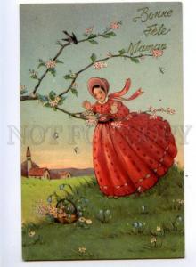 3148920 ART NOUVEAU Lady w/ little Birds in Nest vintage PC