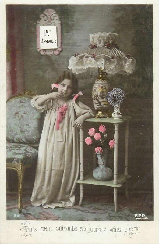 Postcard children costume smile coiffure dress fun epoque flower vase lamp 1st