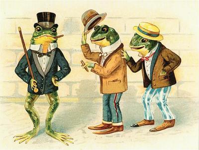 Dressed Frog Trio on Street Victorian Illustration Mode