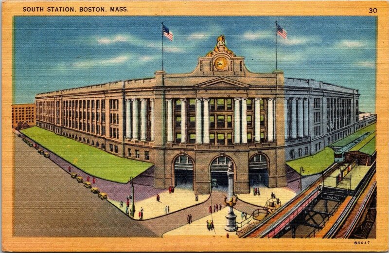 Front Entrance South Station Boston Massachusetts MA Flags PPL Clock Postcard PM 