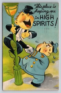 Police Officer  Drunk Guy on Light Post  Comic Humor    Postcard