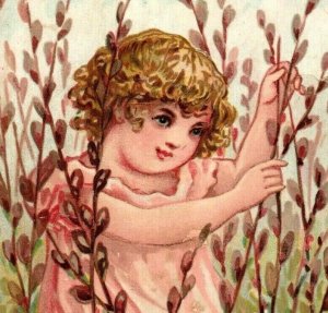 1885 Victorian Religious Card Bible Quote Adorable Child Pussy Willows 7T