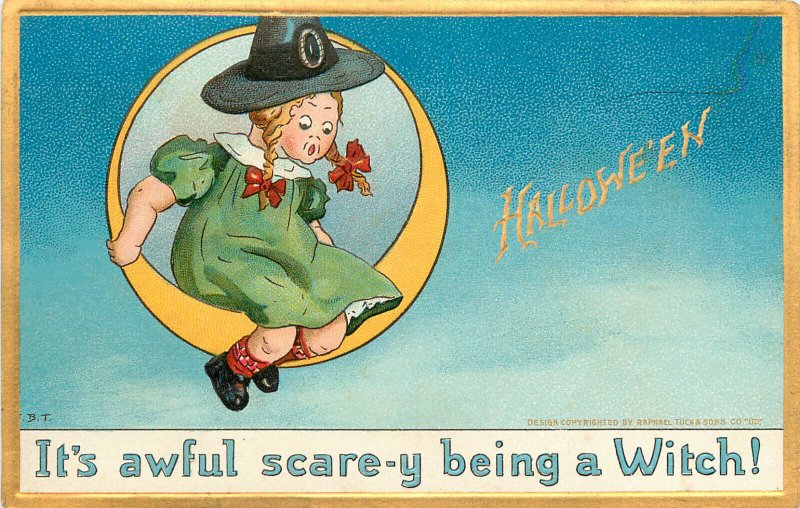 Emobssed Tuck Halloween Postcard The Hallowe'en Series 181 Scare-y Being a Witch