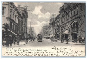 1905 Main Street Looking North Trolley People Bridgeport Connecticut CT Postcard