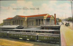 Omaha NE Burlington Station RR Train c1910 Postcard