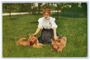 c1910's Girl And Lion Cubs New York Zoological Park Bronx NY Antique Postcard