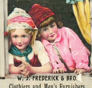 1880's W. J. Frederick & Bro. Clothiers Adorable Girls Looking Out Window P175