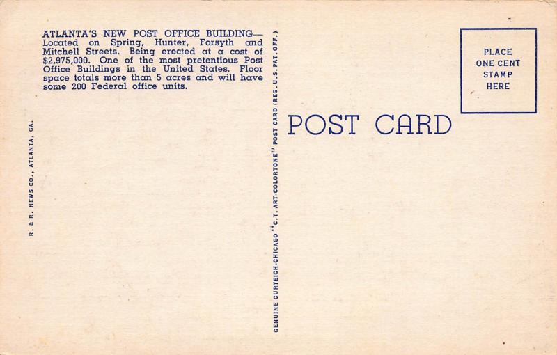 United States Post Office, Atlanta, Georgia, Early Linen Postcard, Unused