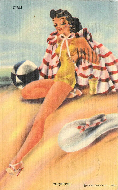 1950s Sexy Woman Coquette Bathing Suit Teich C-263 linen Postcard 22-10198